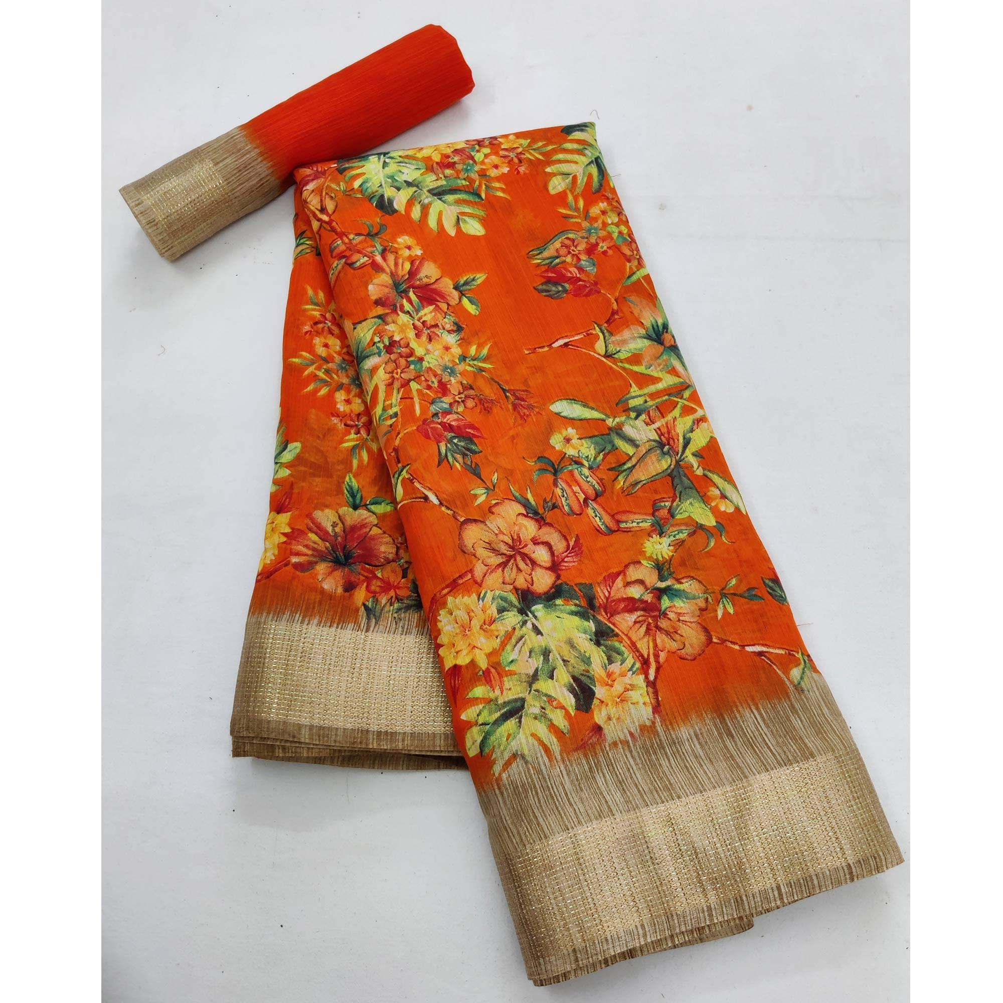 Orange Casual Wear Floral Printed With Jari Border Cotton Saree - Peachmode