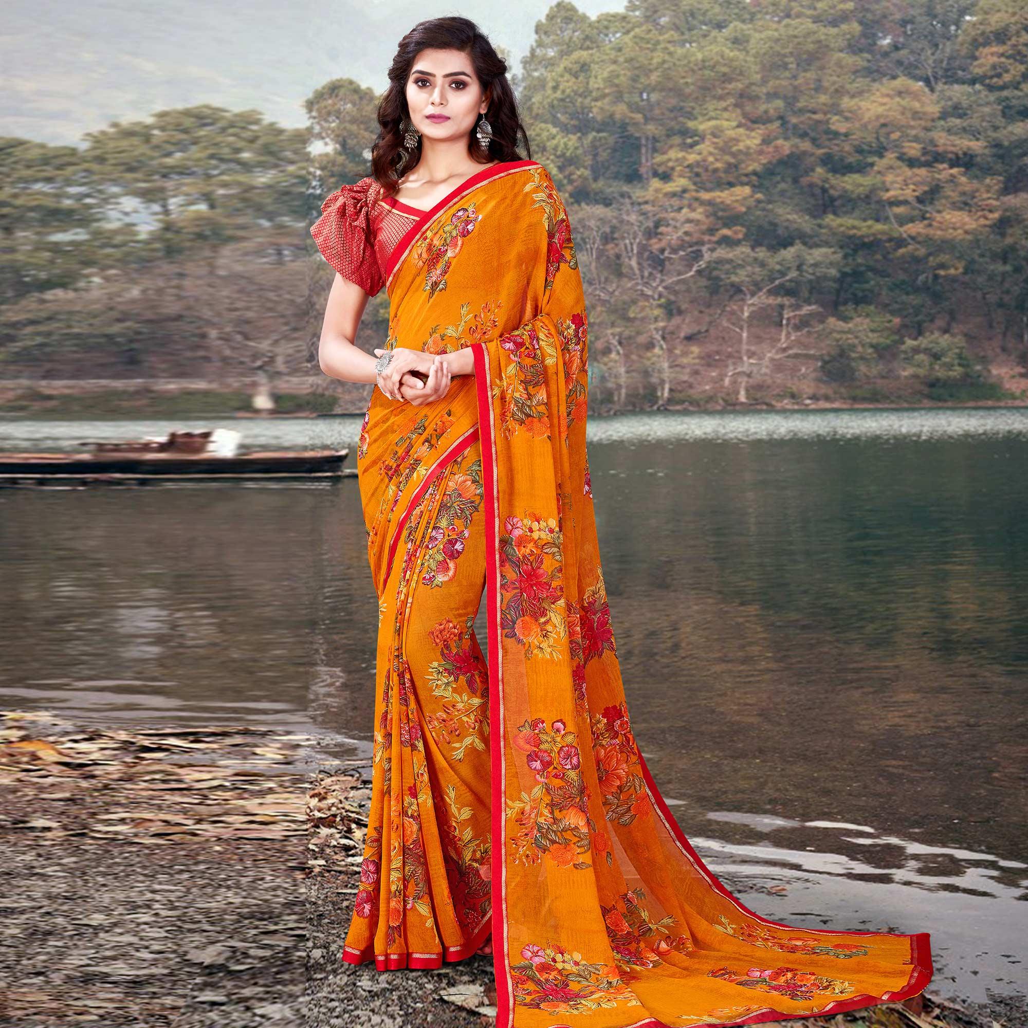 Orange Casual Wear Floral Printed With Lace Border Weightless Georgette Saree - Peachmode