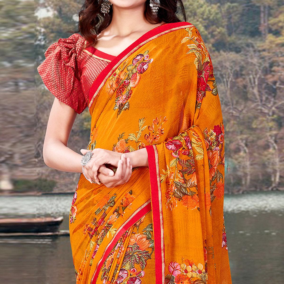 Orange Casual Wear Floral Printed With Lace Border Weightless Georgette Saree - Peachmode