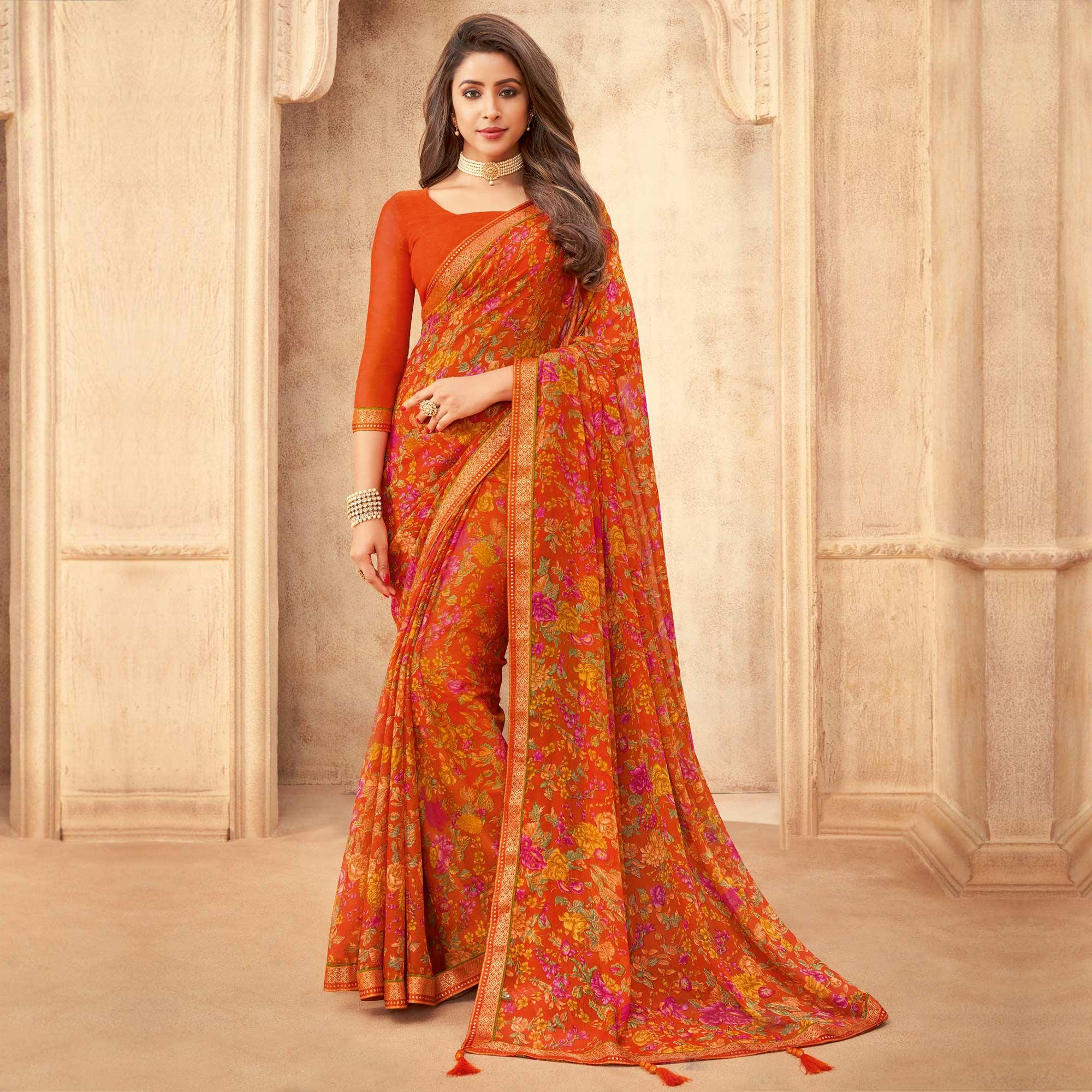 Orange Casual Wear Floral Printed with Tassels Chiffon Saree - Peachmode