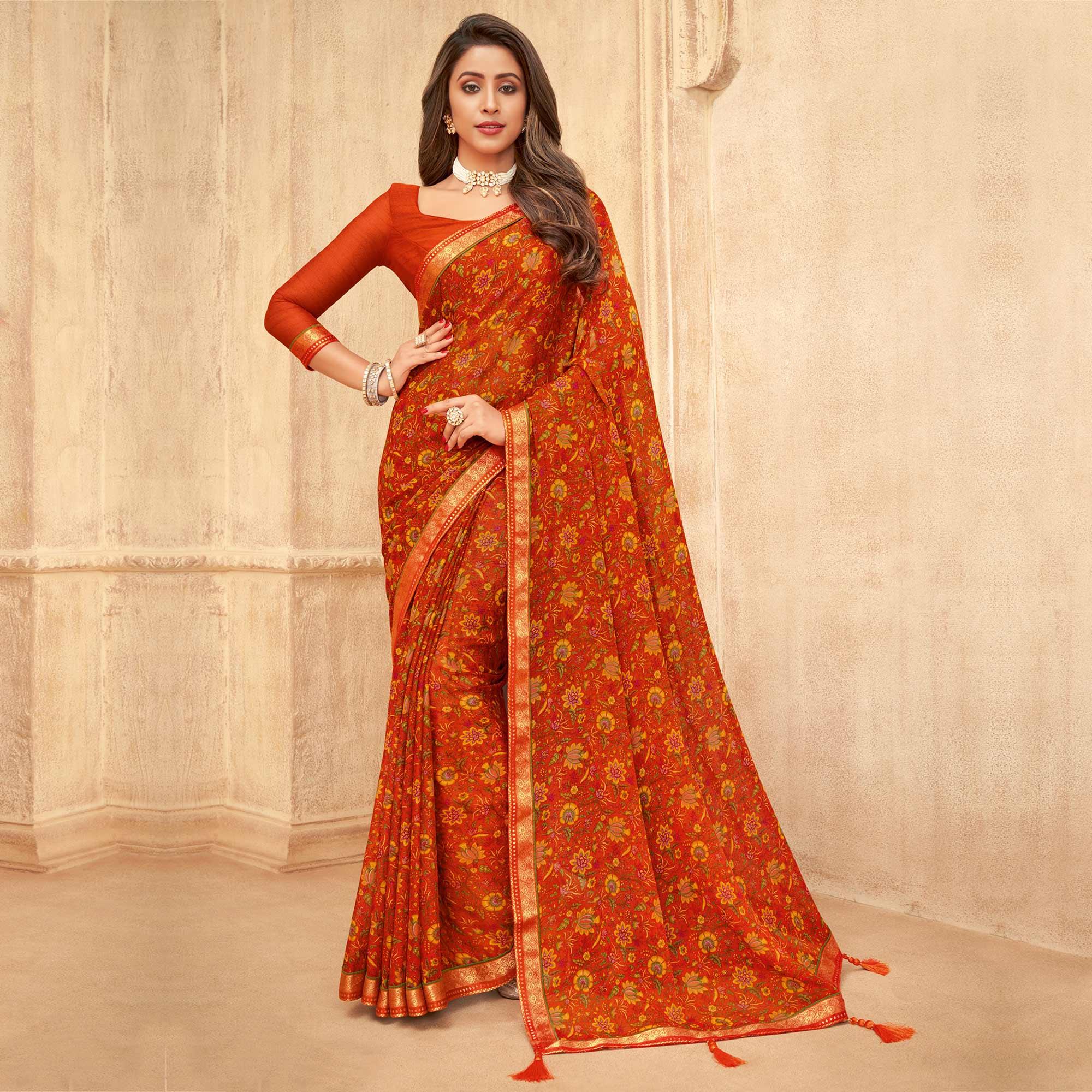 Orange Casual Wear Floral Printed with Tassels Chiffon Saree - Peachmode