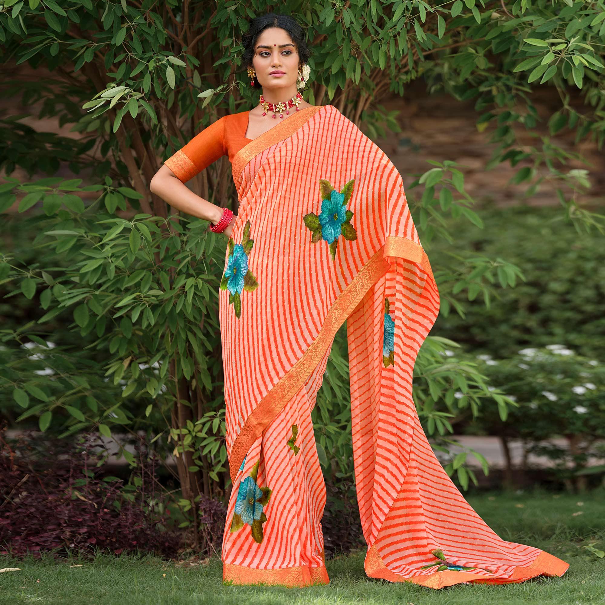 Orange Casual Wear Floral With Striped Printed Georgette Saree - Peachmode