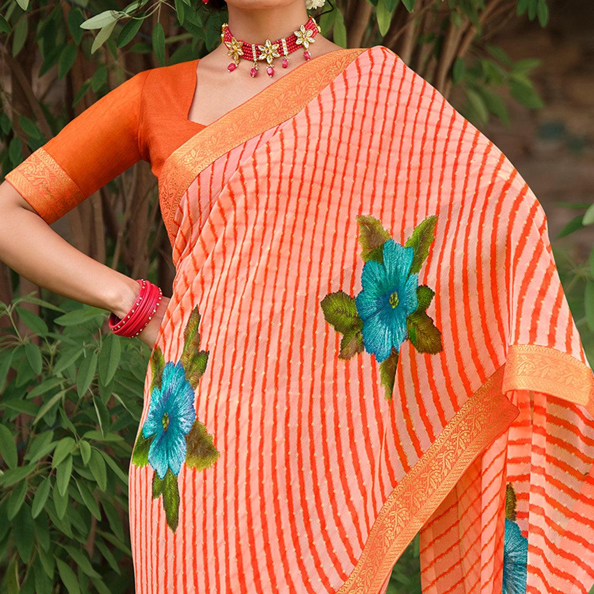Orange Casual Wear Floral With Striped Printed Georgette Saree - Peachmode
