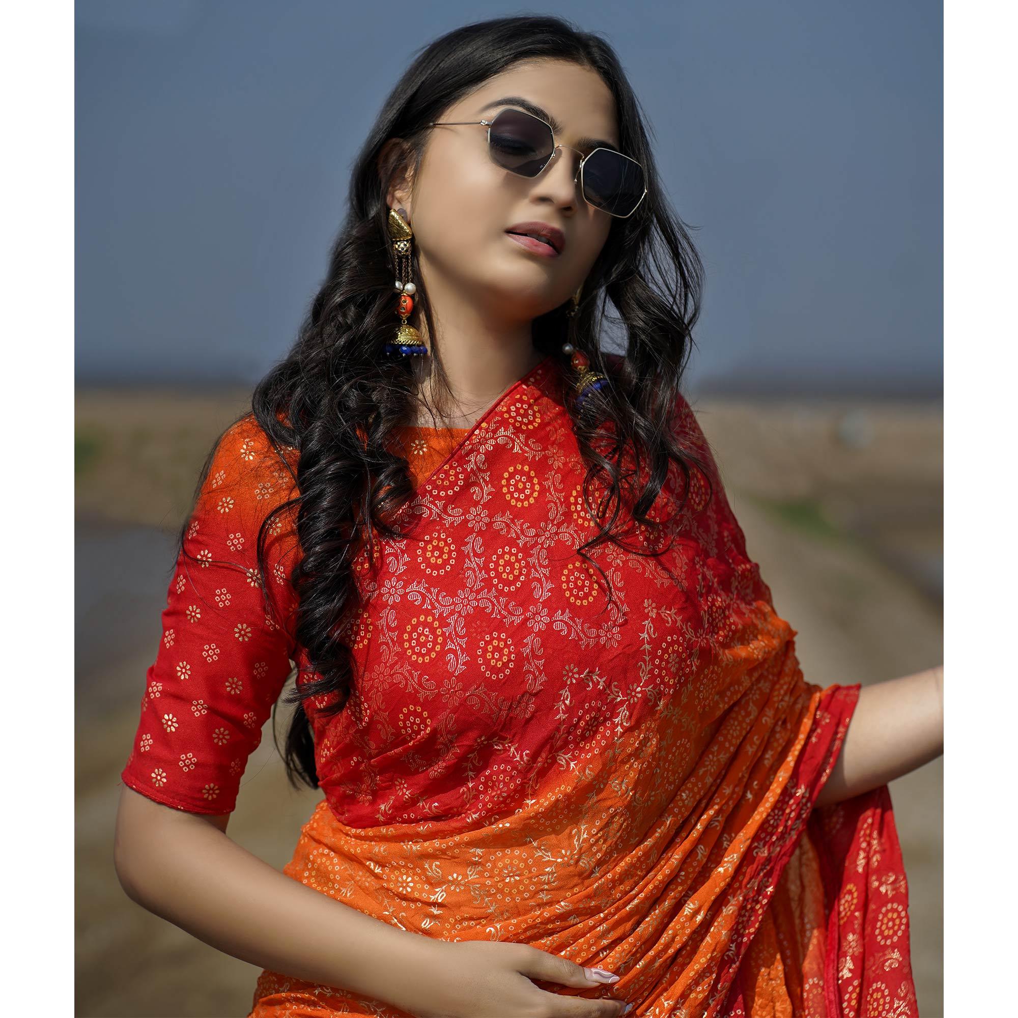 Orange Casual Wear Foil Printed Crepe Saree - Peachmode