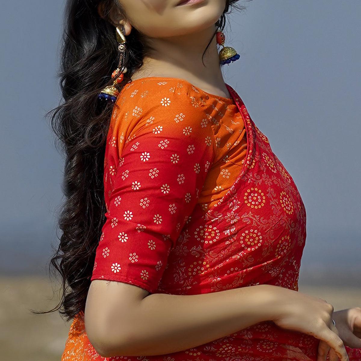 Orange Casual Wear Foil Printed Crepe Saree - Peachmode