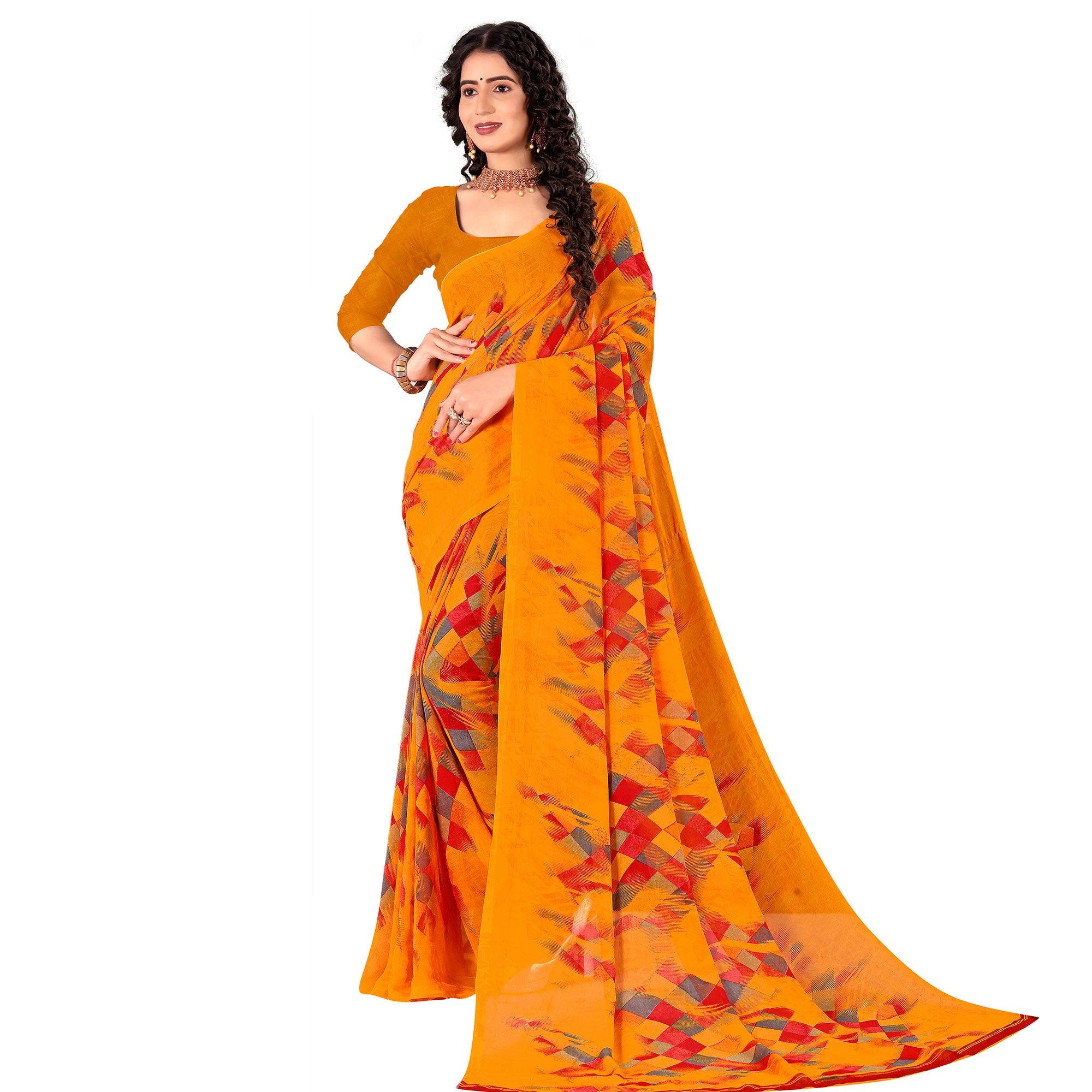 Orange Casual Wear Geometric Digital Printed Georgette Saree - Peachmode