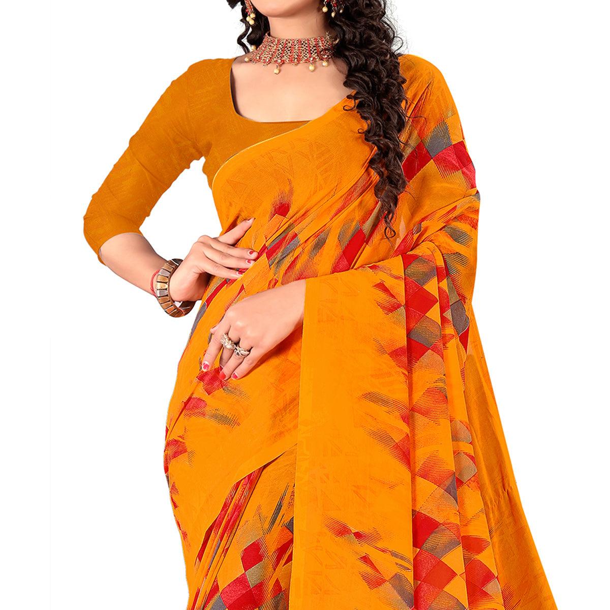 Orange Casual Wear Geometric Digital Printed Georgette Saree - Peachmode