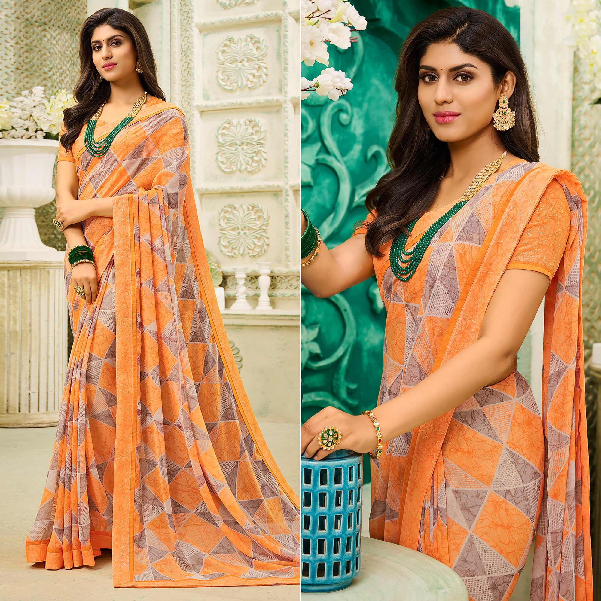 Orange Casual Wear Geometric Printed Georgette Saree - Peachmode