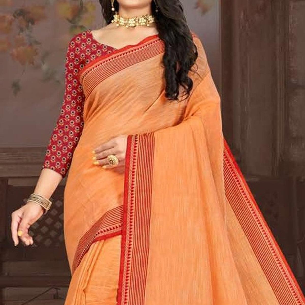 Orange Casual Wear Jari Border And Pallu Linen Saree - Peachmode