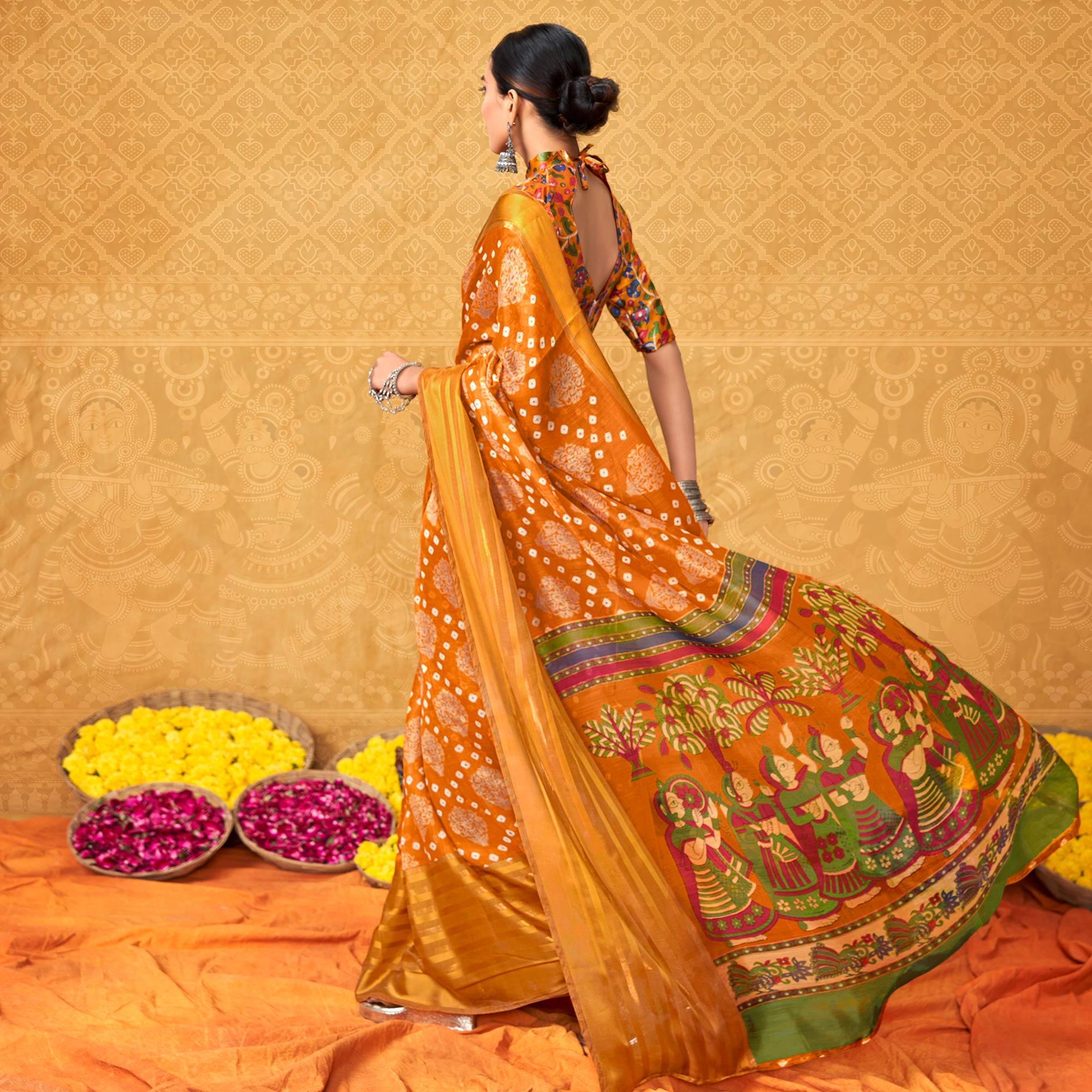 Orange Casual Wear KalamKari Block Printed Cotton Satin Saree - Peachmode