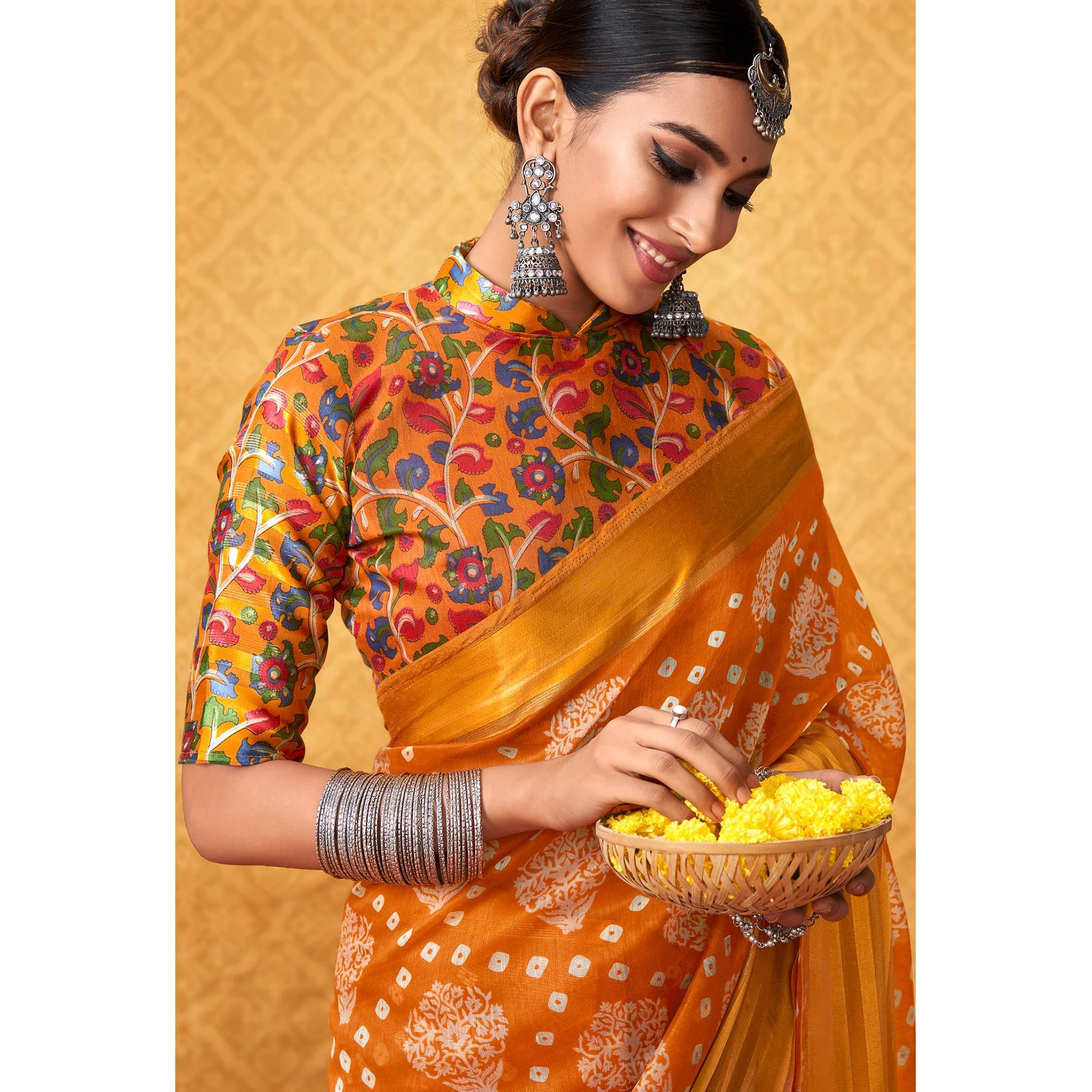 Orange Casual Wear KalamKari Block Printed Cotton Satin Saree - Peachmode