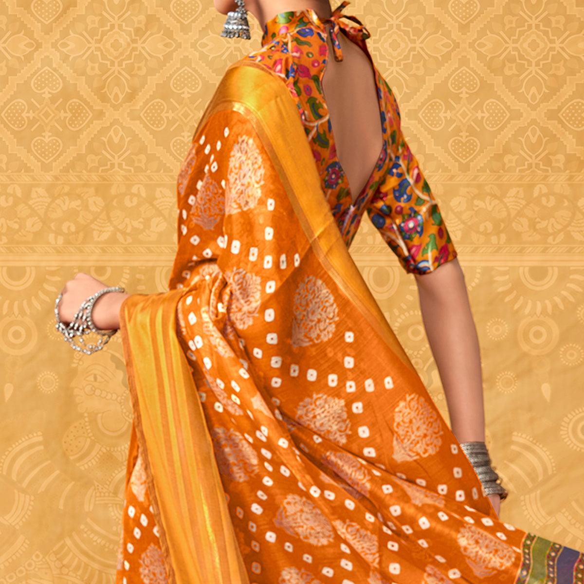 Orange Casual Wear KalamKari Block Printed Cotton Satin Saree - Peachmode