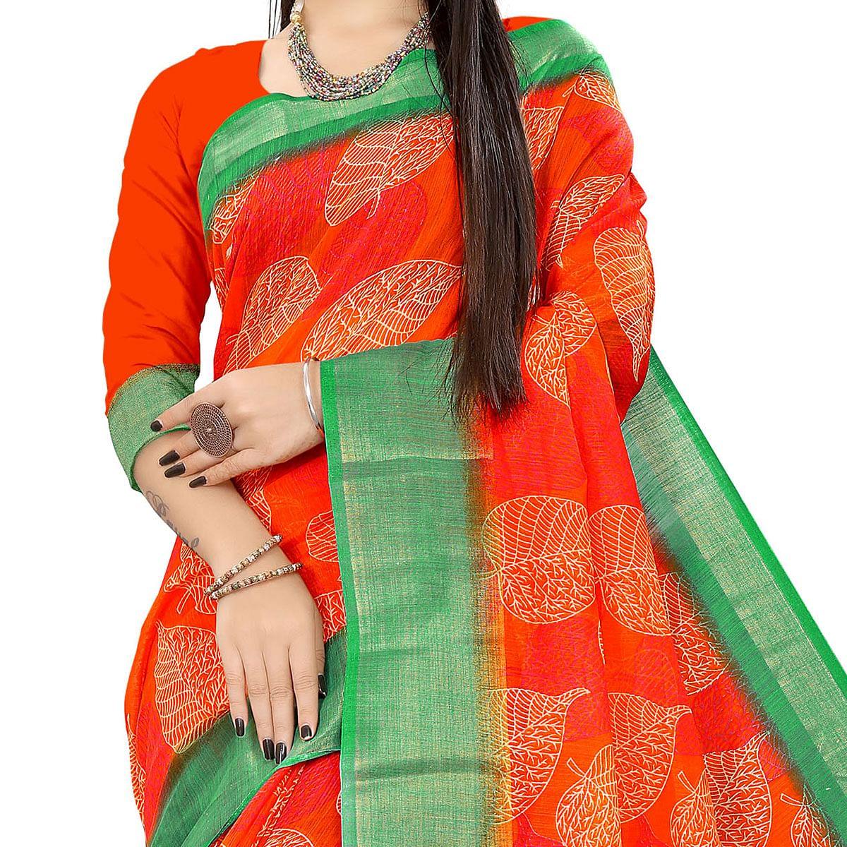 Orange Casual Wear Leaf Printed Cotton Linen Saree - Peachmode