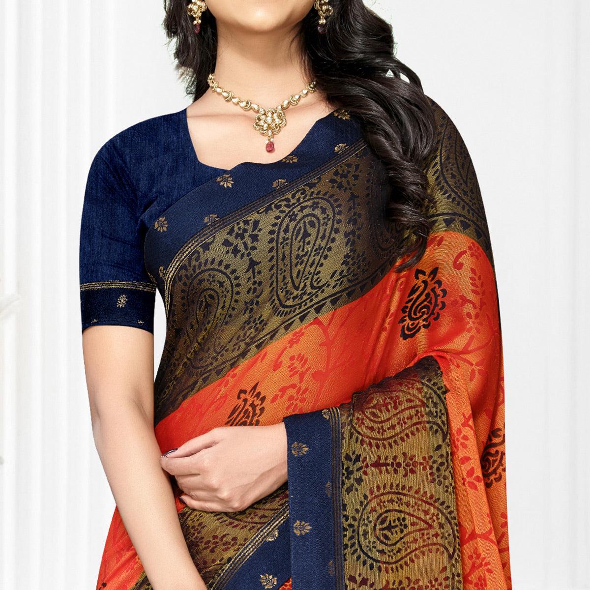 Orange Casual Wear Printed Brasso Chiffon Saree - Peachmode