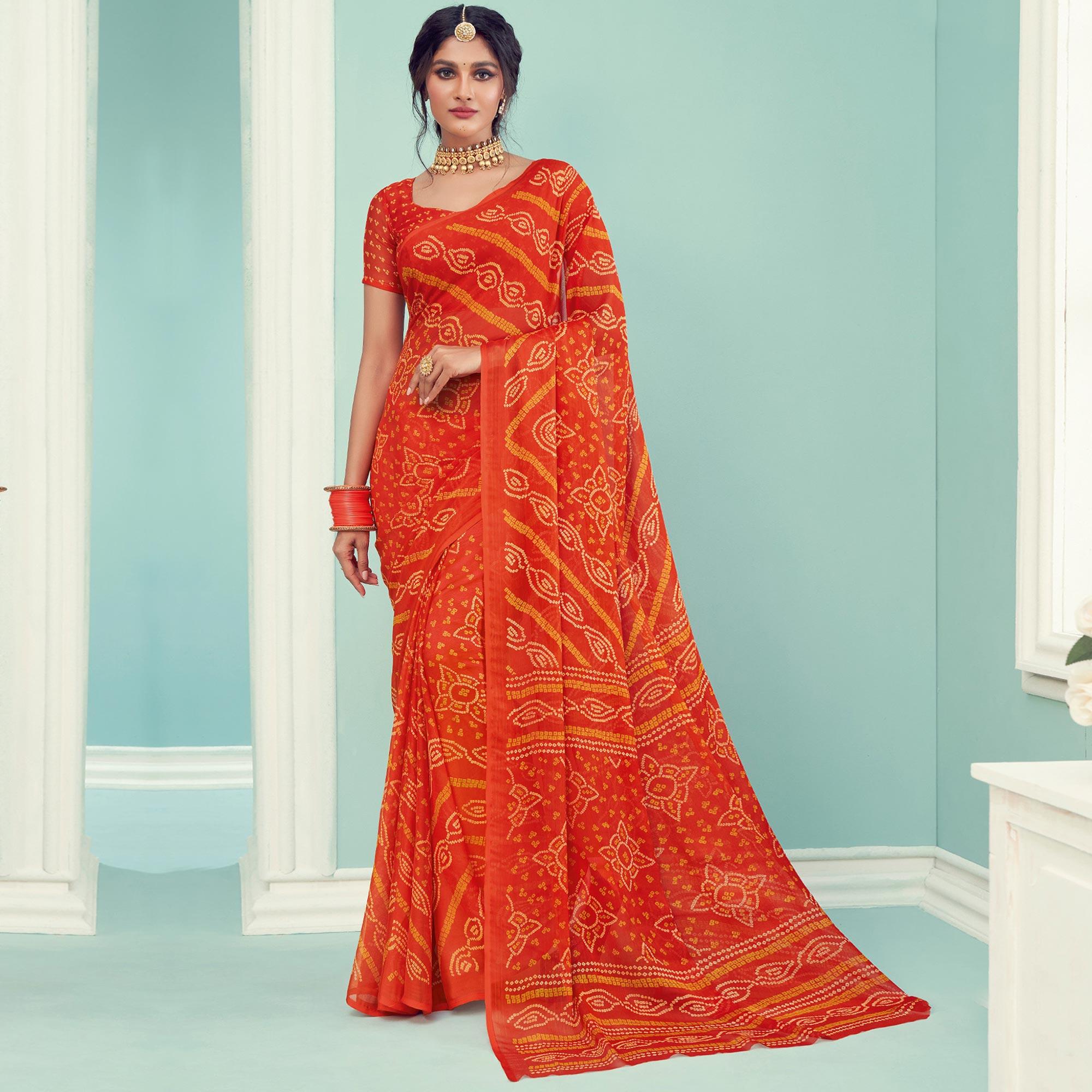 Orange Casual Wear Printed Chiffon Bandhani Saree - Peachmode