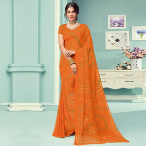 Orange Casual Wear Printed Chiffon Bandhani Saree - Peachmode