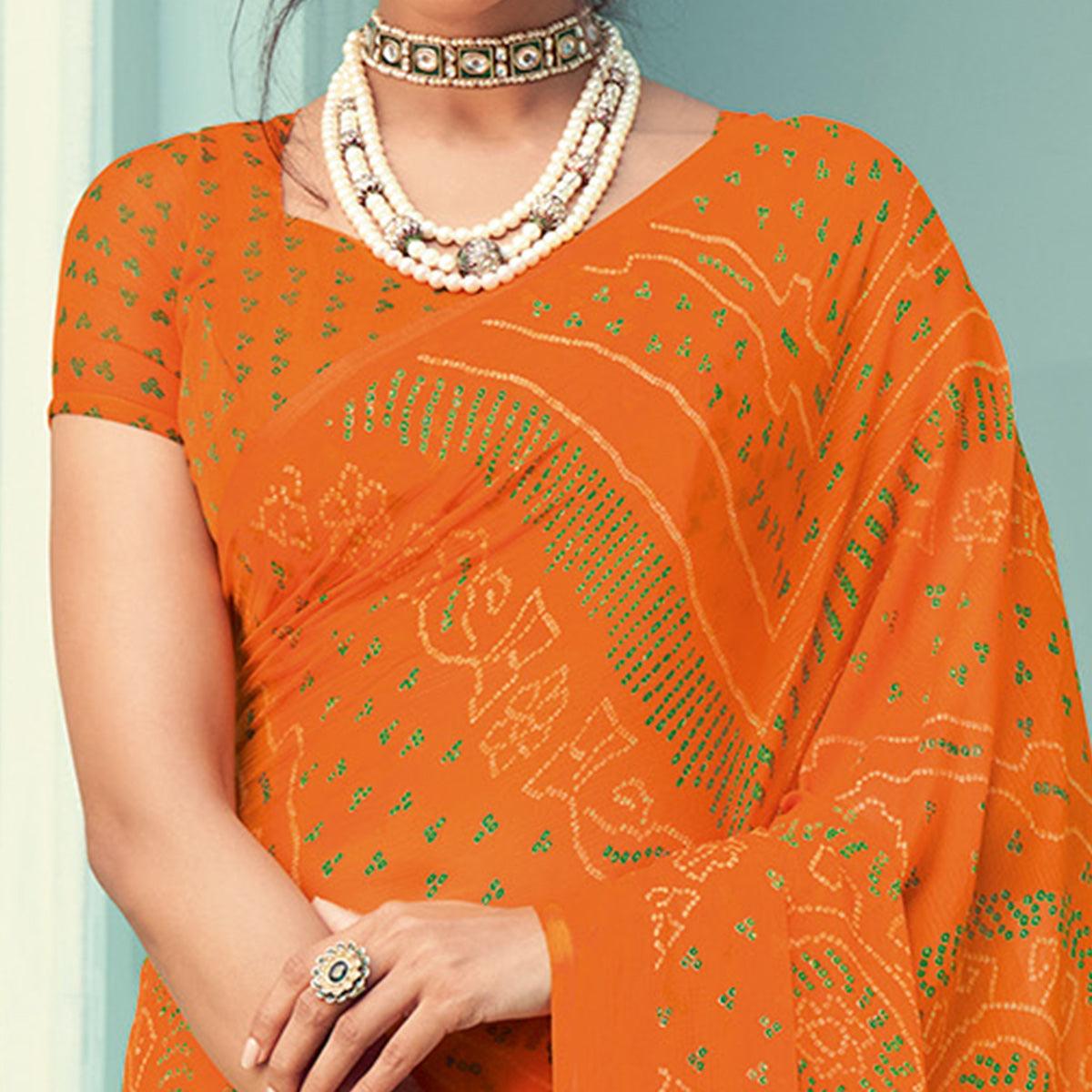Orange Casual Wear Printed Chiffon Bandhani Saree - Peachmode