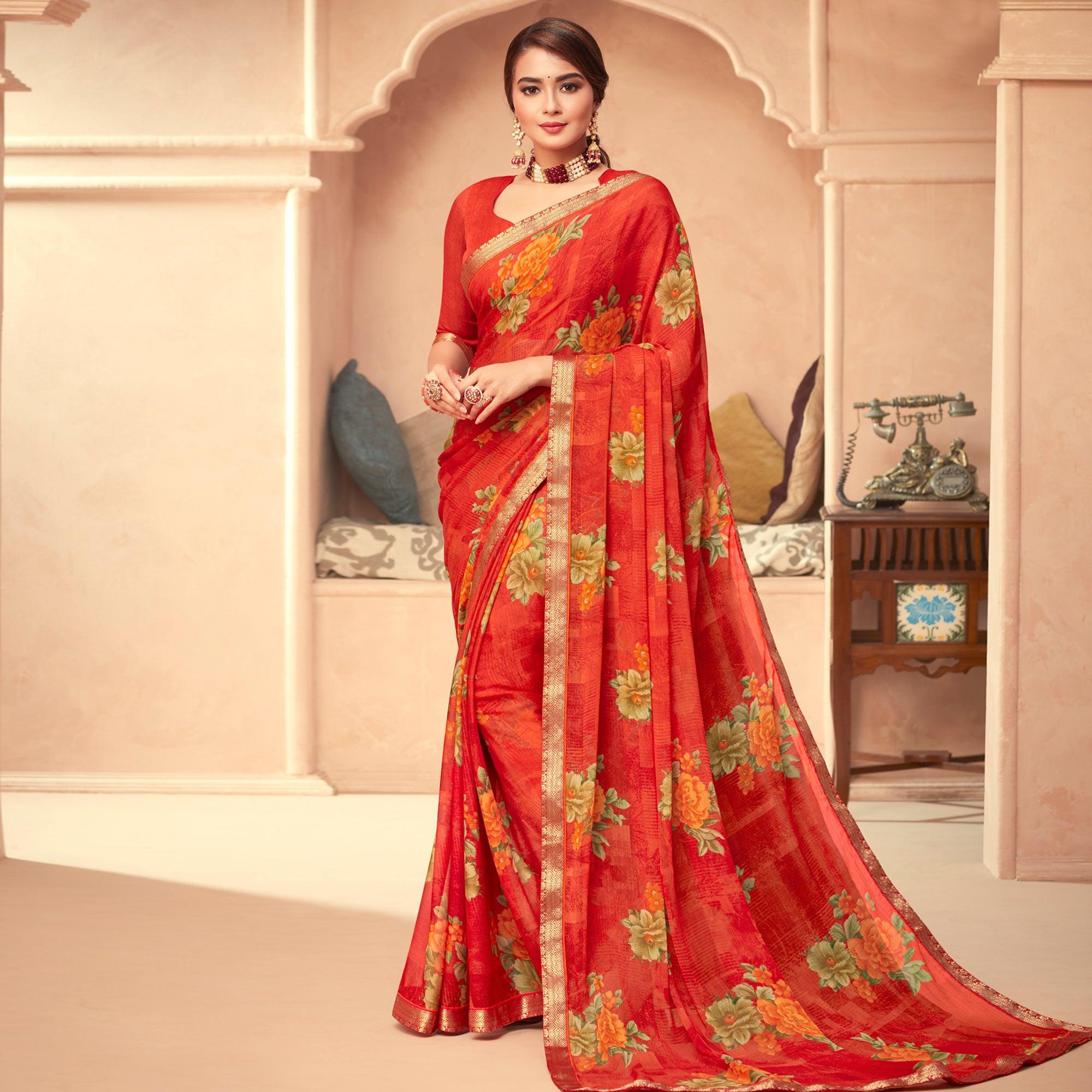 Orange Casual Wear Printed Chiffon Saree - Peachmode