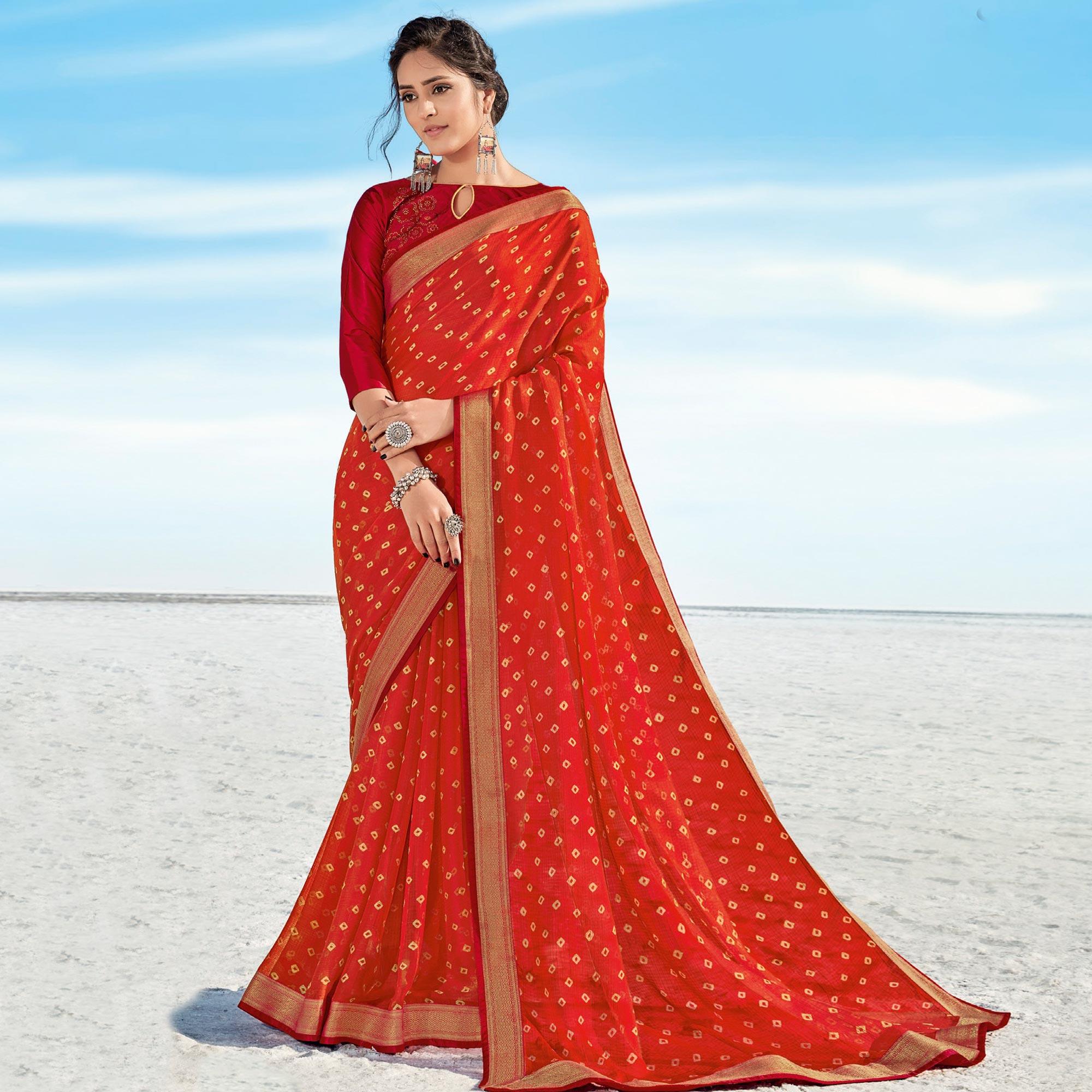 Orange Casual Wear Printed Chiffon Saree - Peachmode