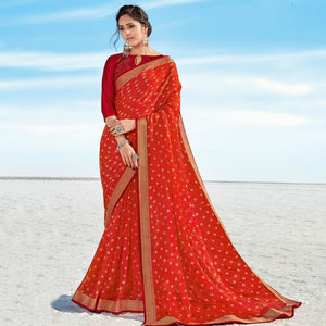 Orange Casual Wear Printed Chiffon Saree - Peachmode