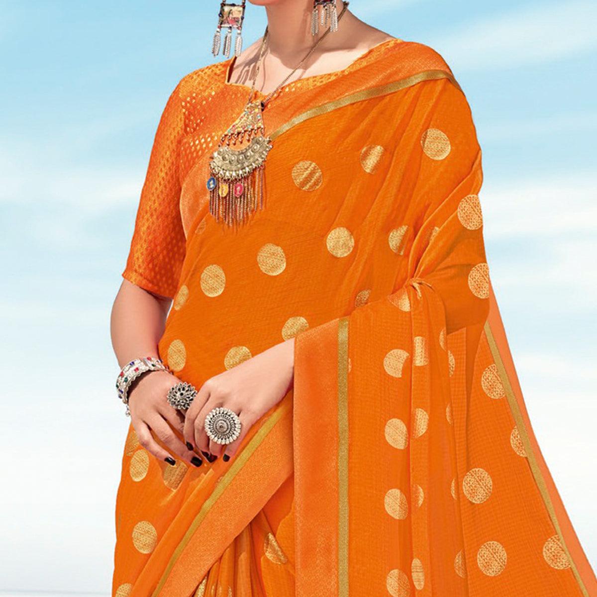 Orange Casual Wear Printed Chiffon Saree - Peachmode