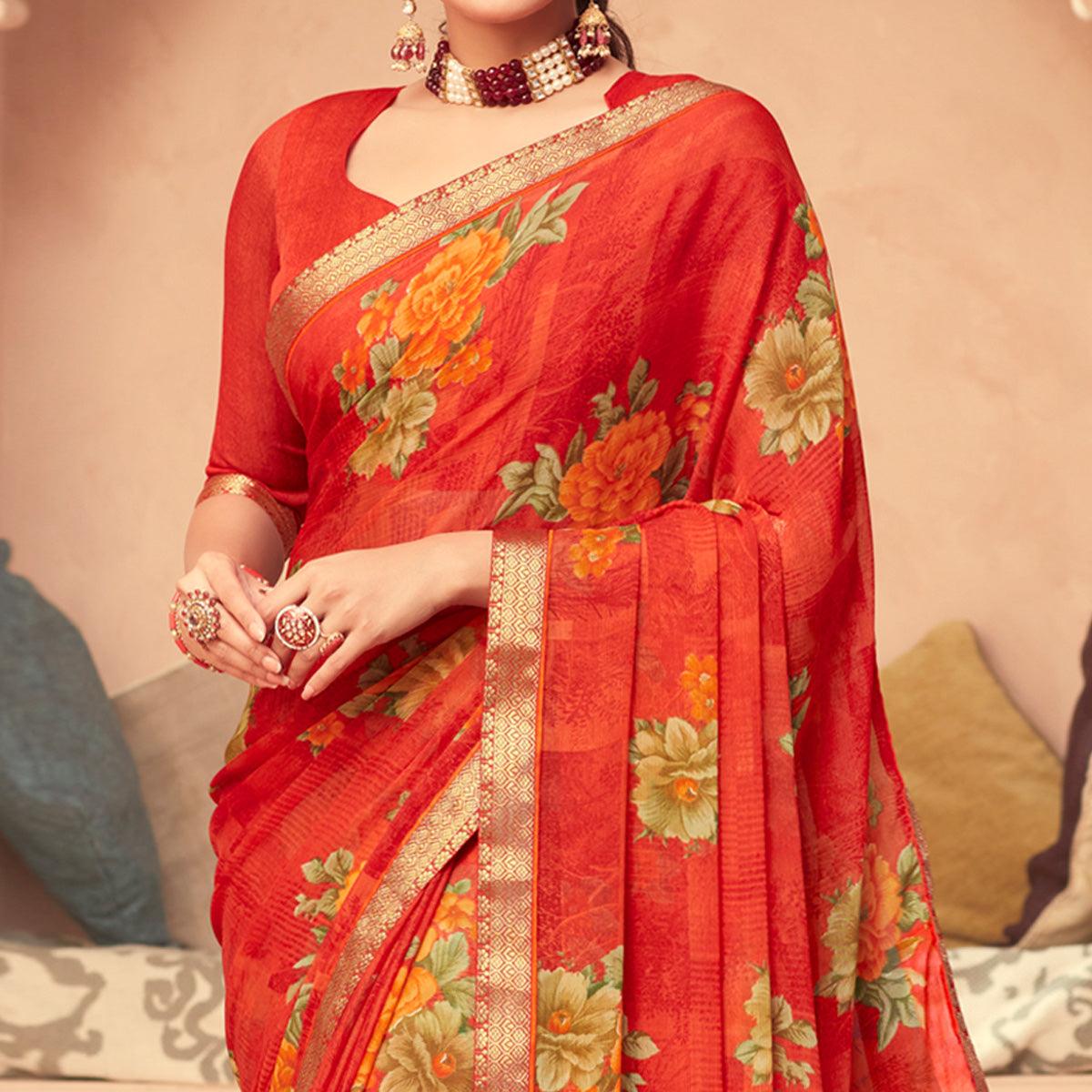 Orange Casual Wear Printed Chiffon Saree - Peachmode