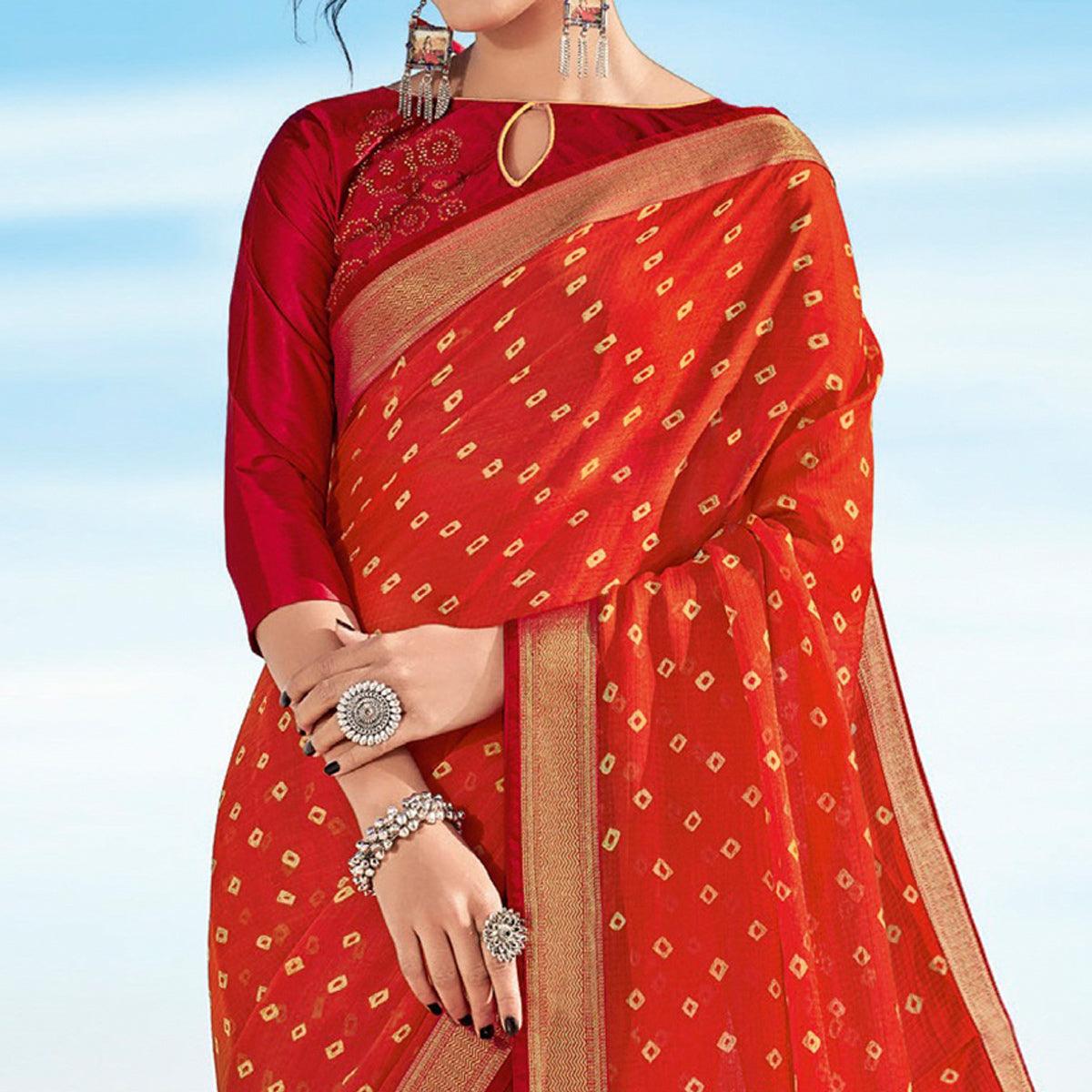 Orange Casual Wear Printed Chiffon Saree - Peachmode