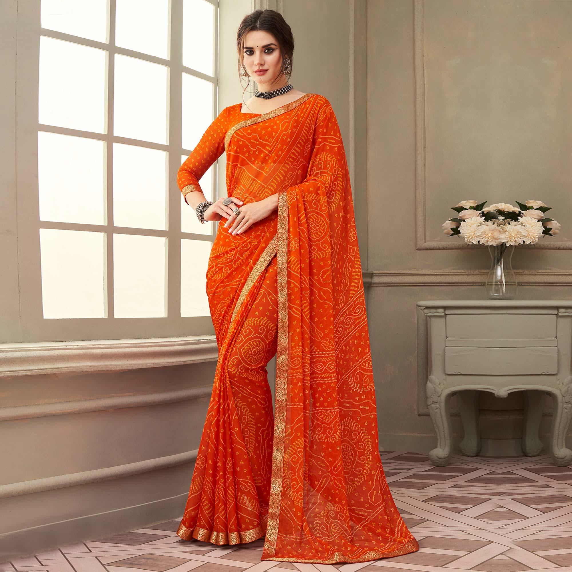 Orange Casual Wear Printed Chiffon Saree with Banarasi Border - Peachmode