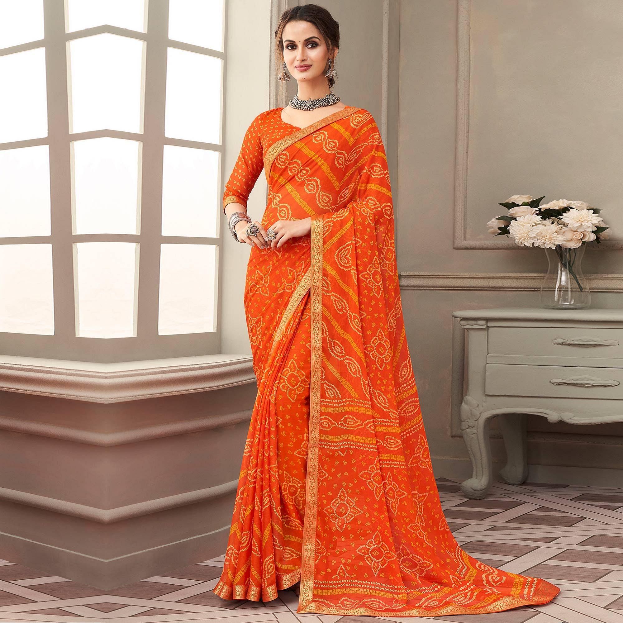 Orange Casual Wear Printed Chiffon Saree with Banarasi Border - Peachmode