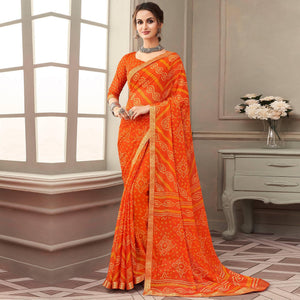 Orange Casual Wear Printed Chiffon Saree with Banarasi Border - Peachmode