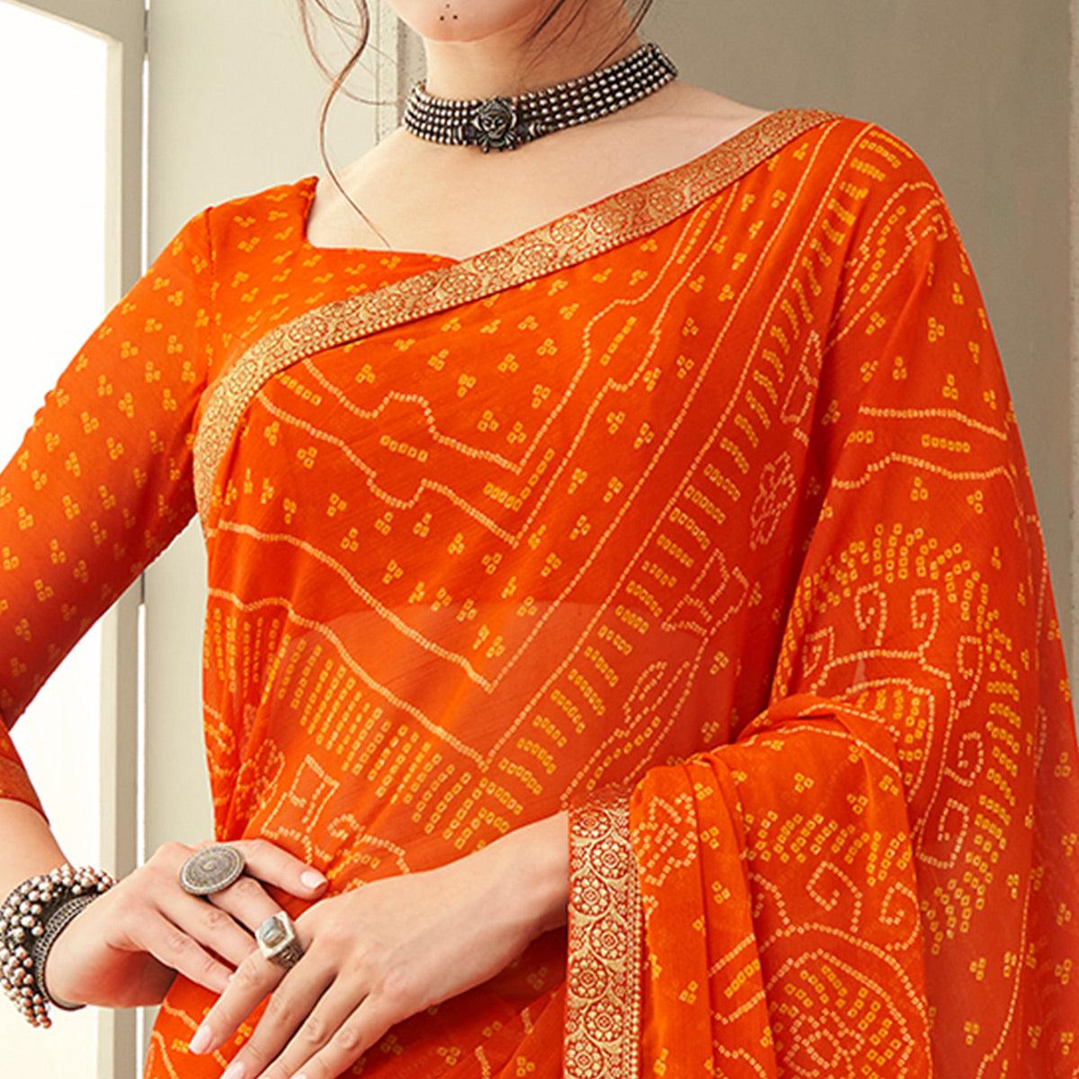 Orange Casual Wear Printed Chiffon Saree with Banarasi Border - Peachmode