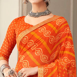 Orange Casual Wear Printed Chiffon Saree with Banarasi Border - Peachmode