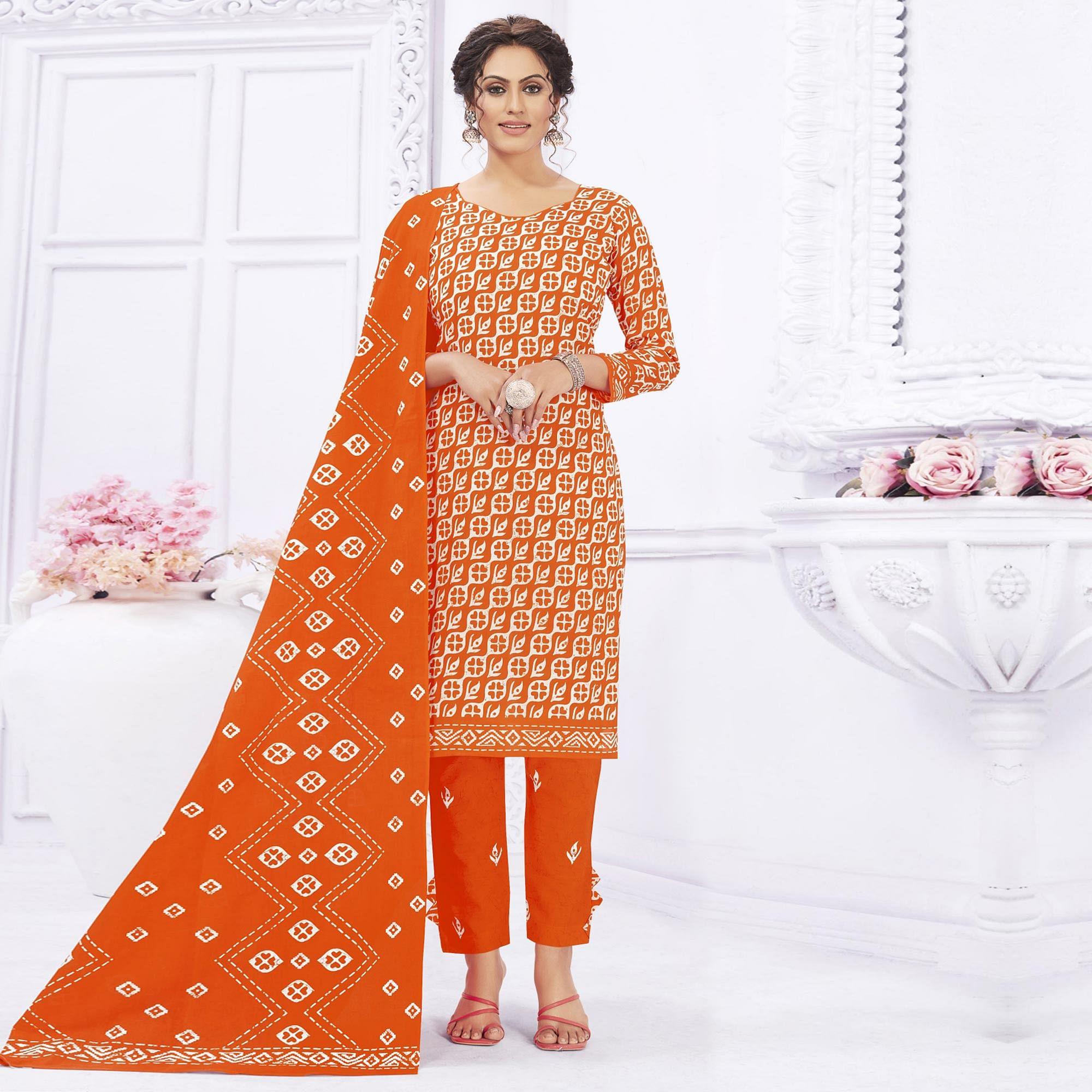 Orange Casual Wear Printed Cotton Dress Material - Peachmode