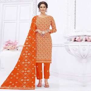 Orange Casual Wear Printed Cotton Dress Material - Peachmode