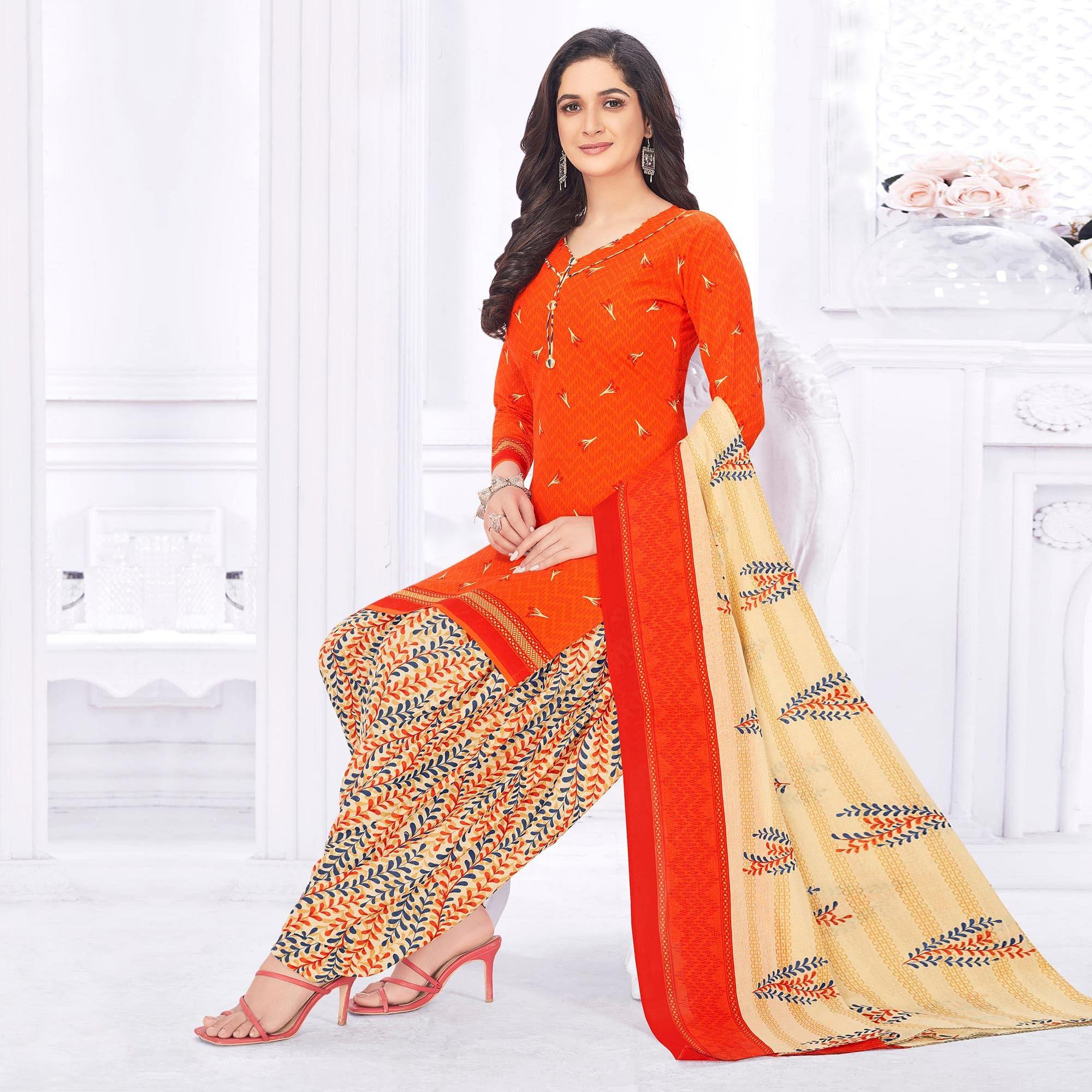 Orange Casual Wear Printed Cotton Dress Material - Peachmode
