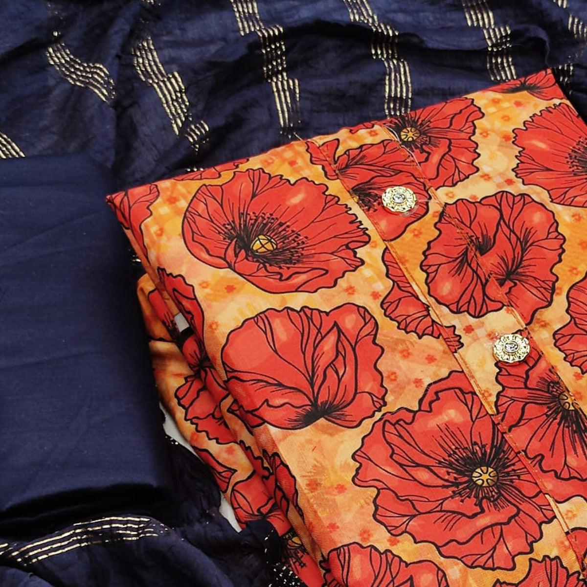 Orange Casual Wear printed Cotton Dress Material - Peachmode