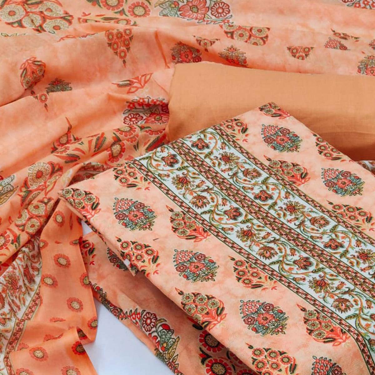 Orange Casual Wear Printed Cotton Dress Material - Peachmode