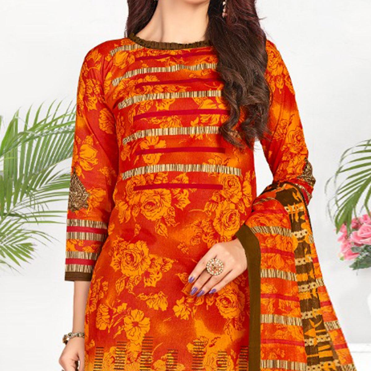 Orange Casual Wear Printed Cotton Dress Material - Peachmode