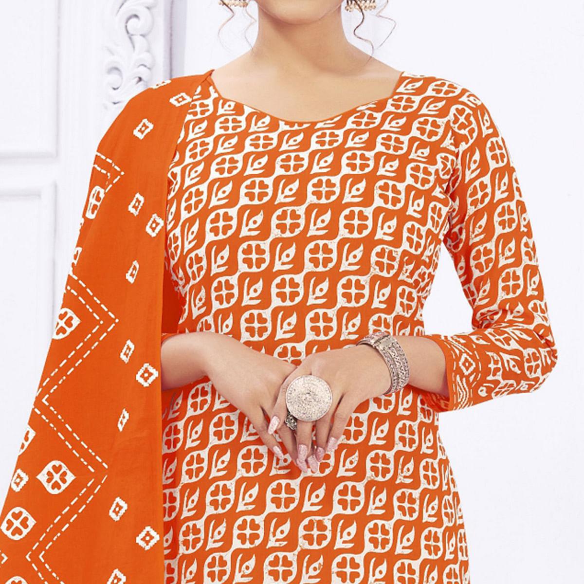 Orange Casual Wear Printed Cotton Dress Material - Peachmode