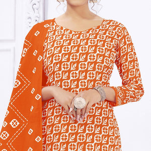 Orange Casual Wear Printed Cotton Dress Material - Peachmode