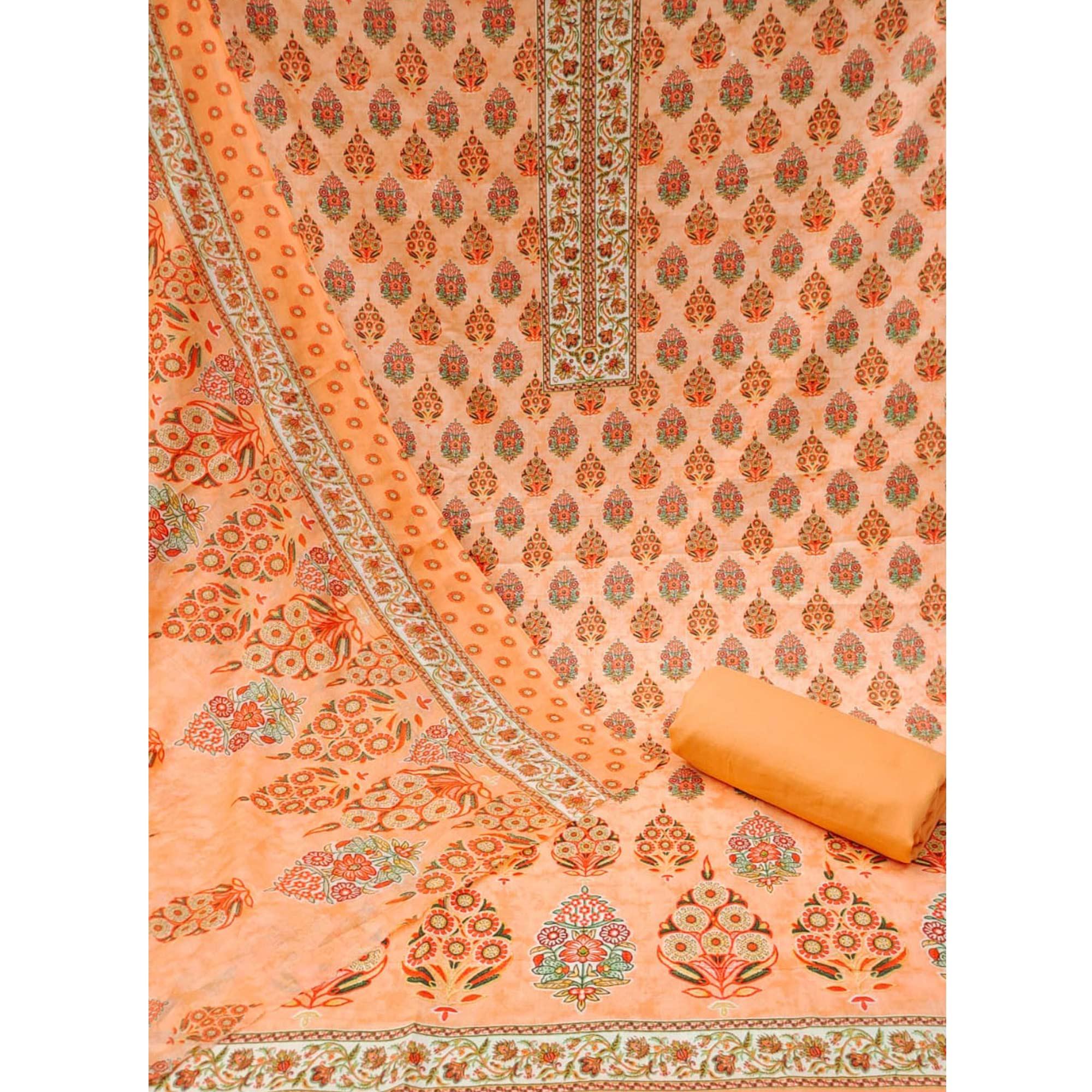 Orange Casual Wear Printed Cotton Dress Material - Peachmode