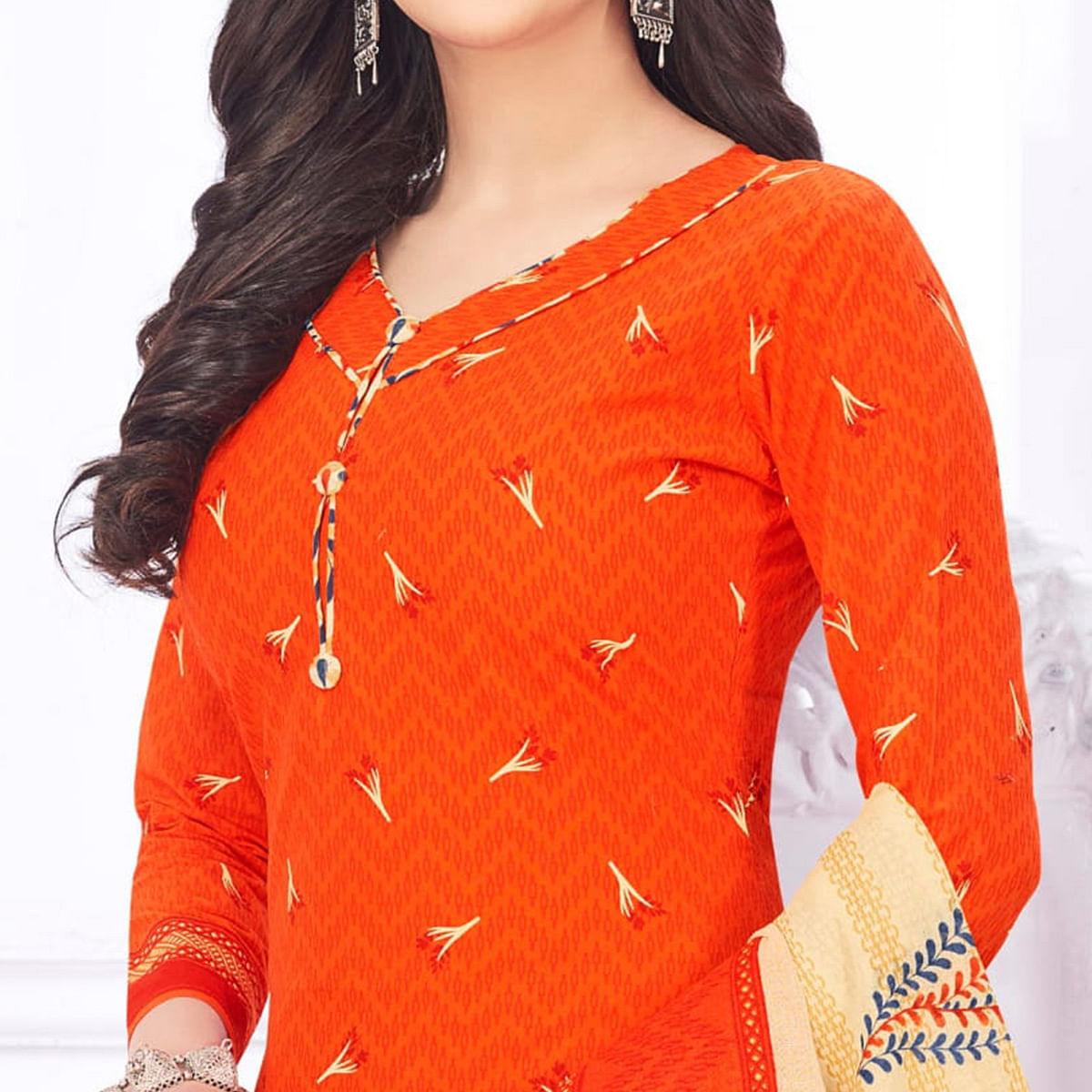 Orange Casual Wear Printed Cotton Dress Material - Peachmode