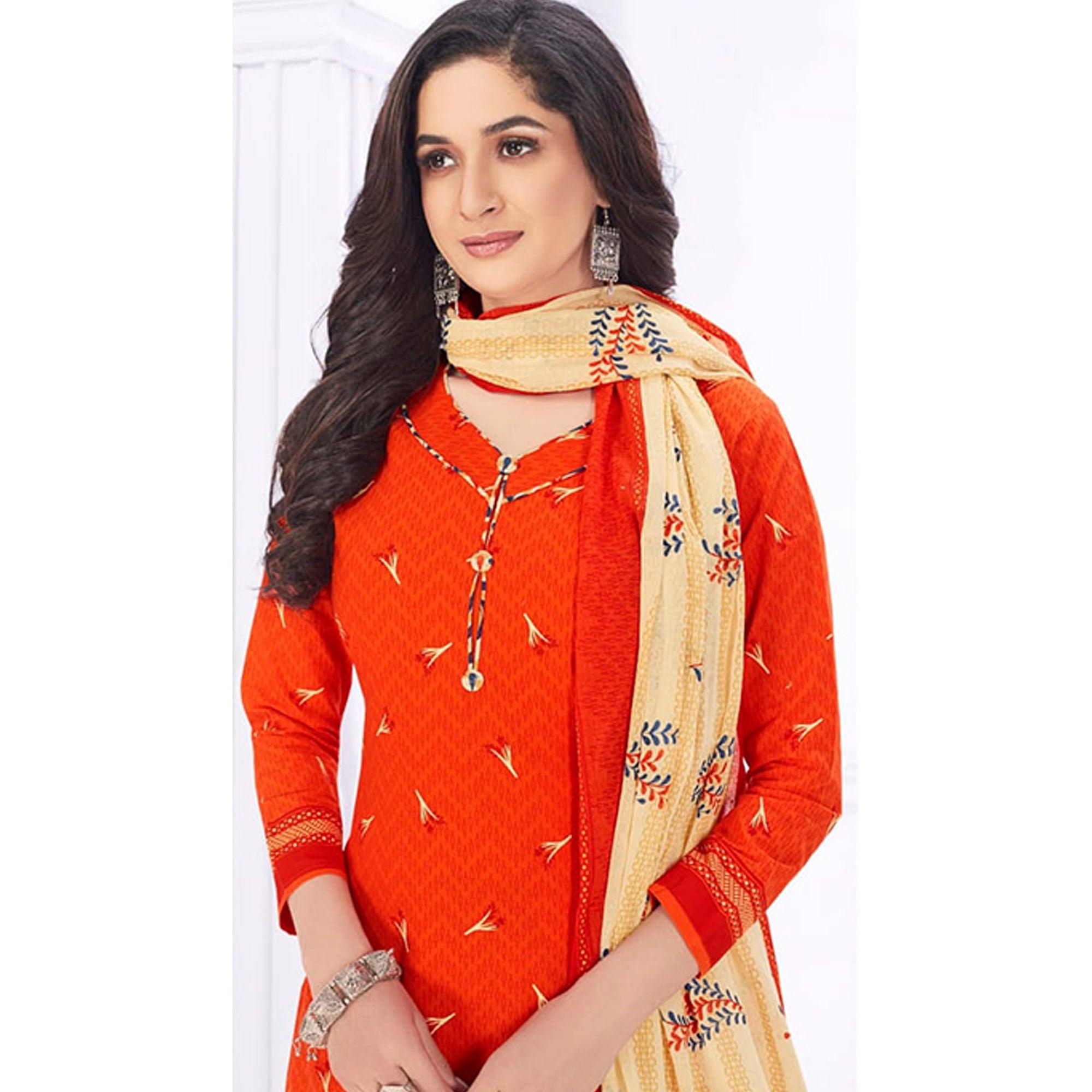 Orange Casual Wear Printed Cotton Dress Material - Peachmode