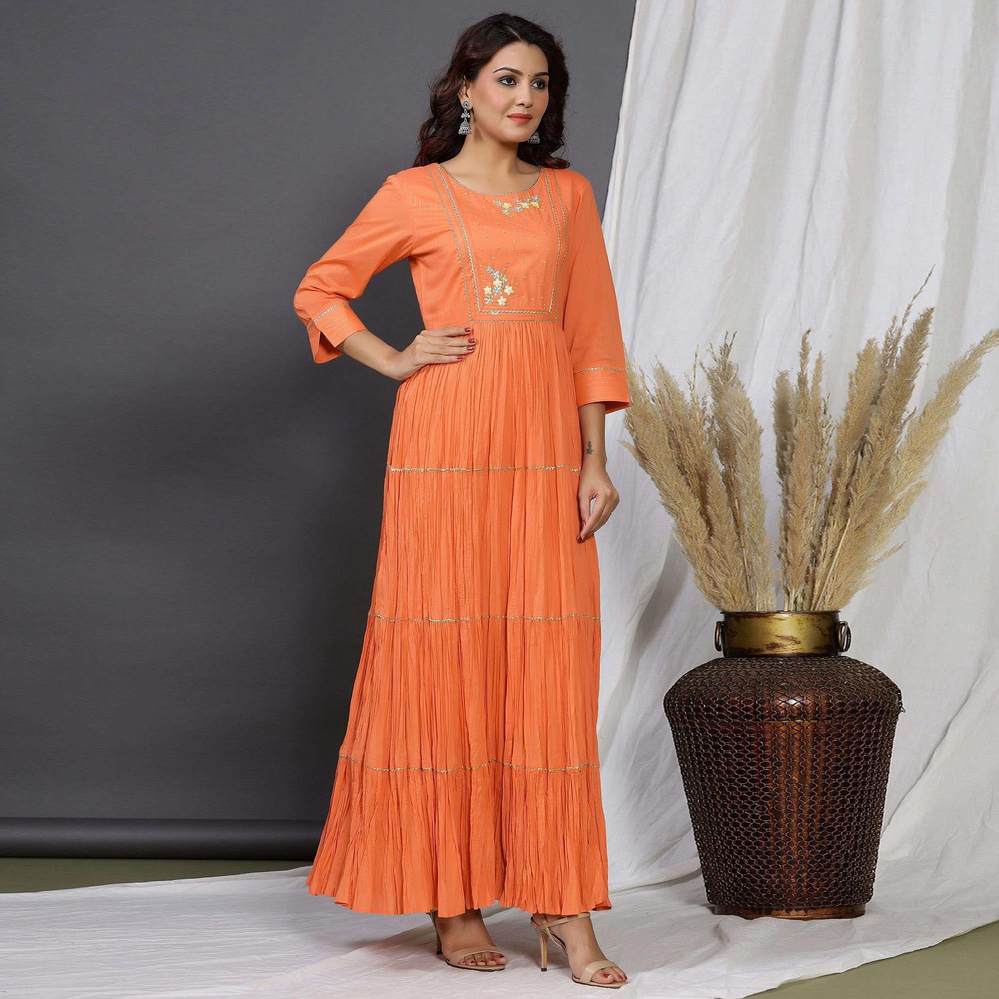 Orange Casual Wear Printed Cotton Gown - Peachmode