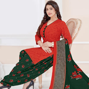 Orange Casual Wear Printed Cotton Patiala Dress Material - Peachmode