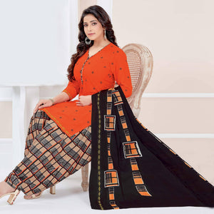 Orange Casual Wear Printed Cotton Patiala Dress Material - Peachmode