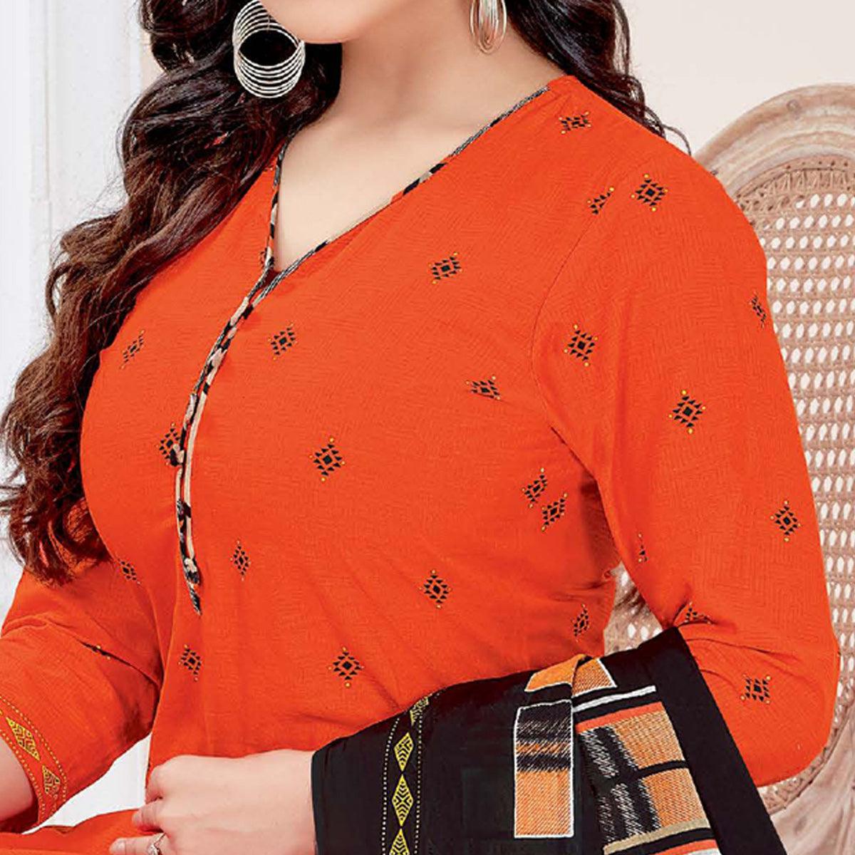Orange Casual Wear Printed Cotton Patiala Dress Material - Peachmode