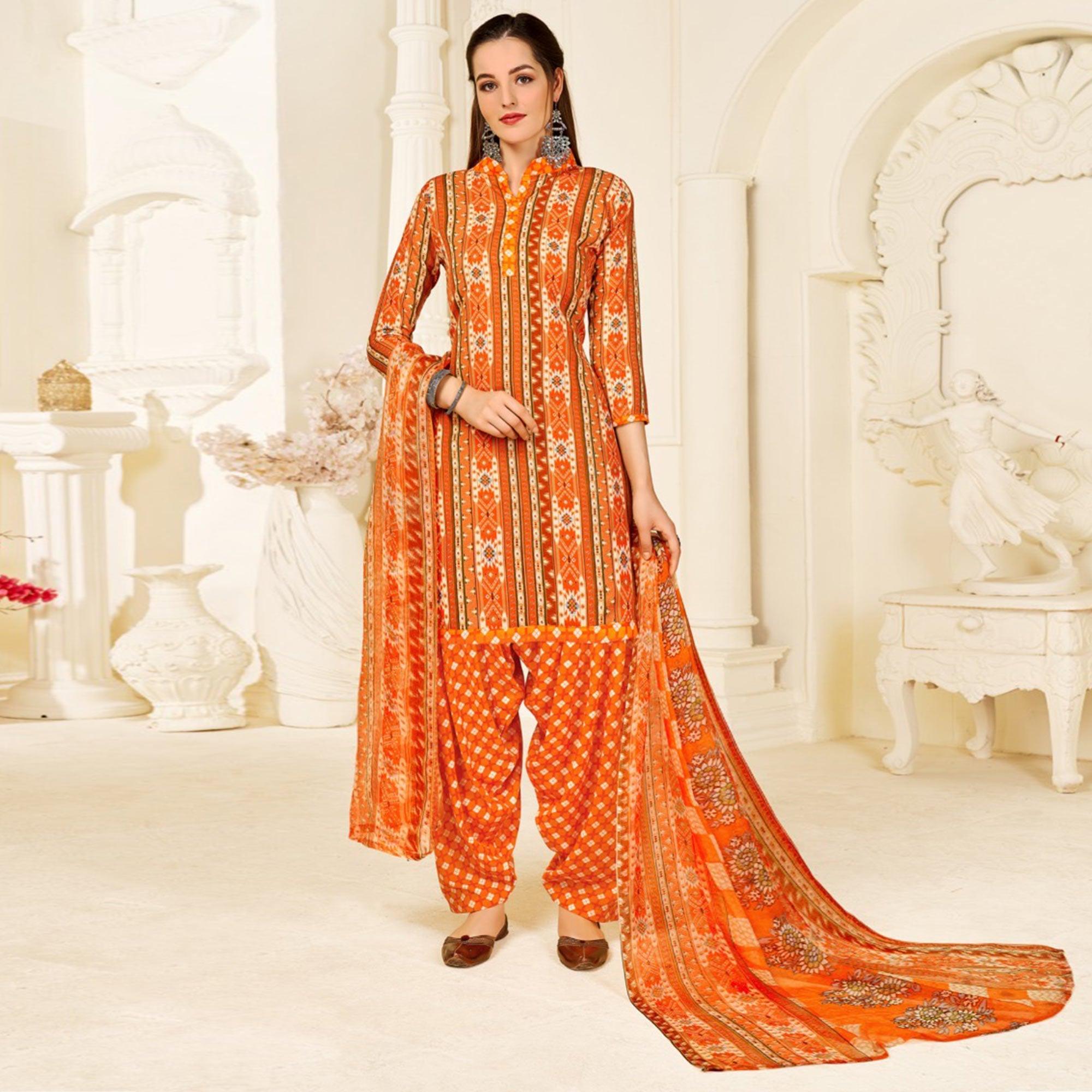 Orange Casual Wear Printed Cotton Patiala Suit - Peachmode