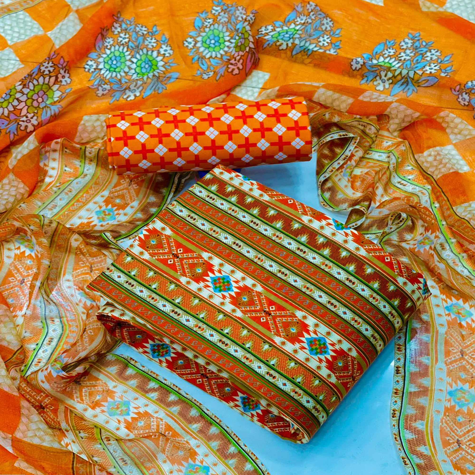 Orange Casual Wear Printed Cotton Patiala Suit - Peachmode