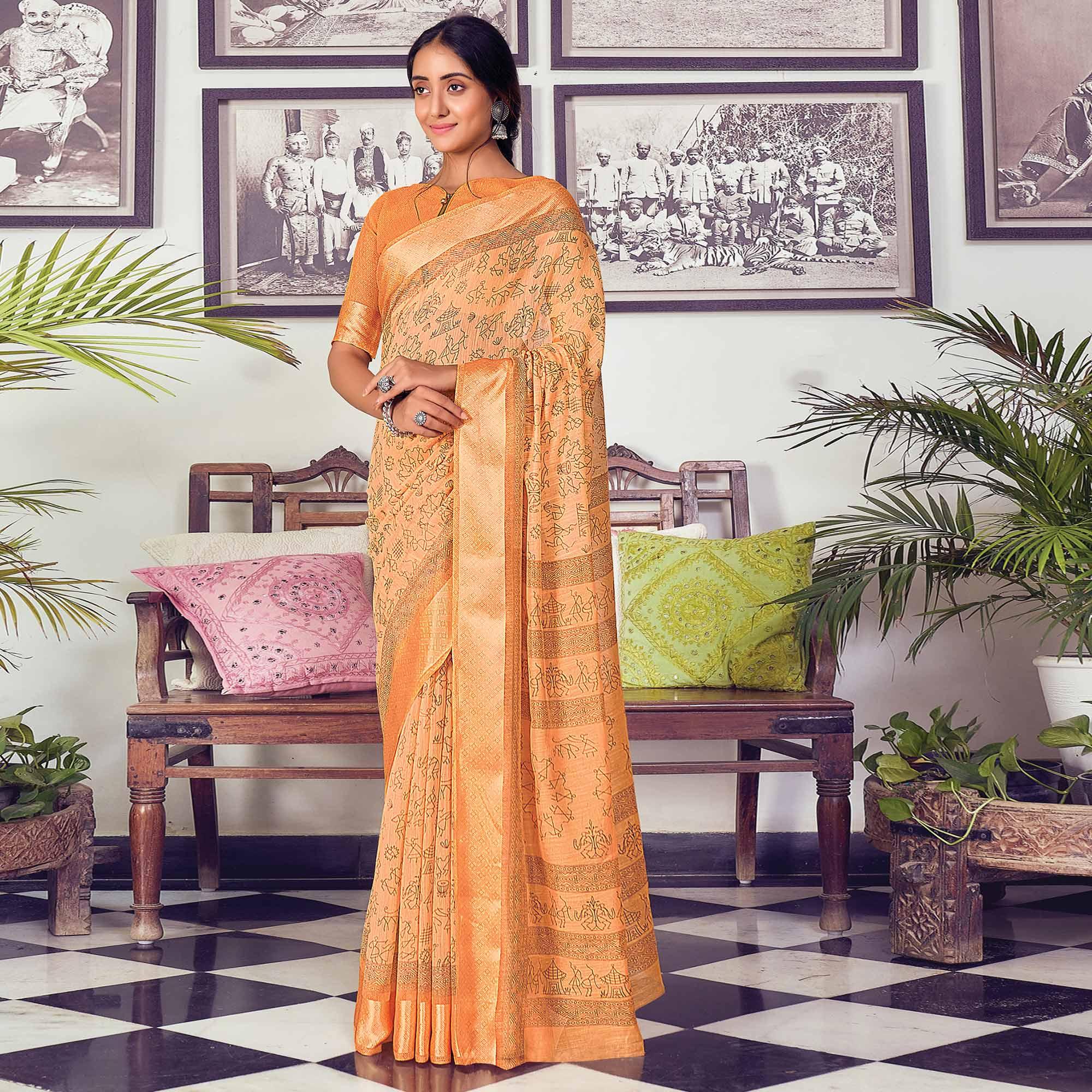 Orange Casual Wear Printed Cotton Saree - Peachmode